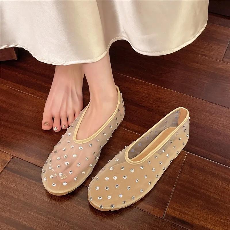 Women's Flat Shoes Mesh-edge Upper Rhinestones Soft Soles Shoes Women Dress Breathable Fairy Style One Kick Zapatillas De Mujer