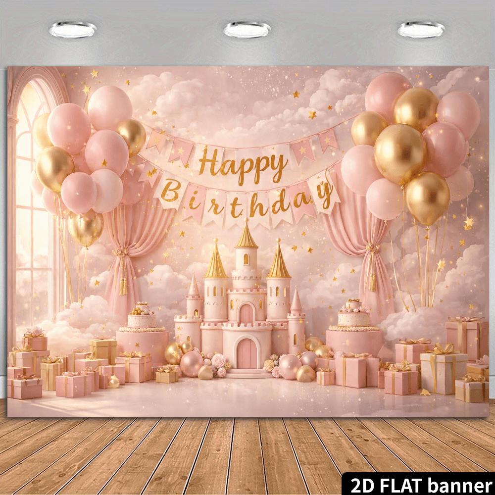 2D Plane Pink Dreamy Castle Birthday Party Backdrop Fabric, with a Central Pink Castle and Golden Pointed Tower On Top
