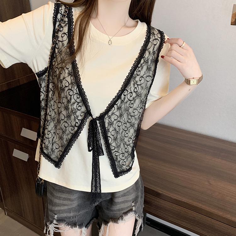 2026 Summer Plus Size Lace Vest Two-Piece Women's Short Sleeve T-Shirt