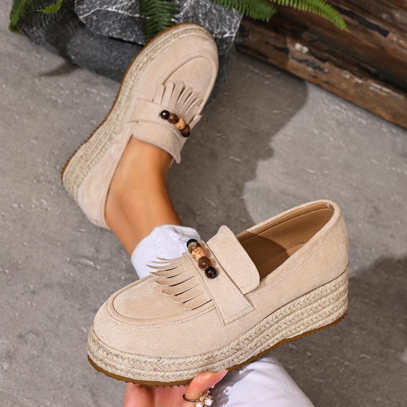 Fashion Bohemia Colorful Bead Decoration Loafer Shoes Women Autumn Comfort Hemp Wedge Heel Pumps Fashion Tassels Suede Slip On Shoes