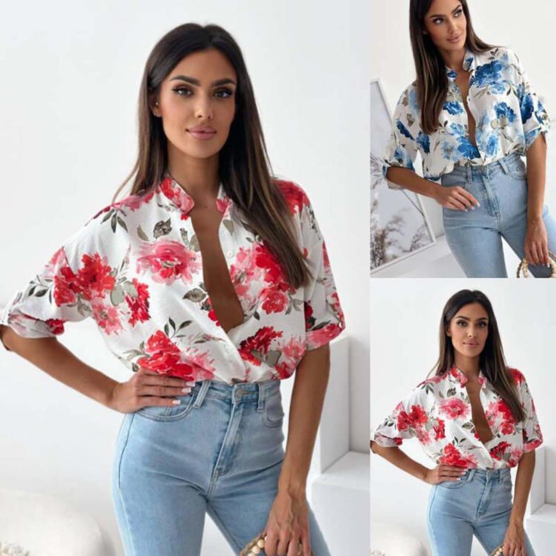 

Plus Size Printed Single Breasted Five Sleeve Shirt for Women L