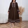 Plus Size Brown Ethnic Style Round Neck Long Sleeve Knit Dress for Women, Spring & Autumn