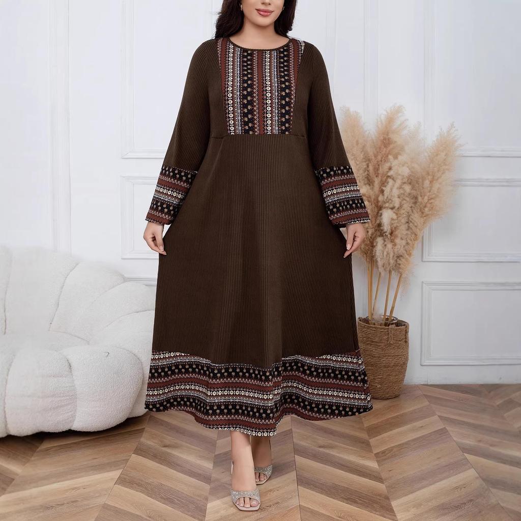 Plus Size Brown Ethnic Style Round Neck Long Sleeve Knit Dress for Women, Spring & Autumn