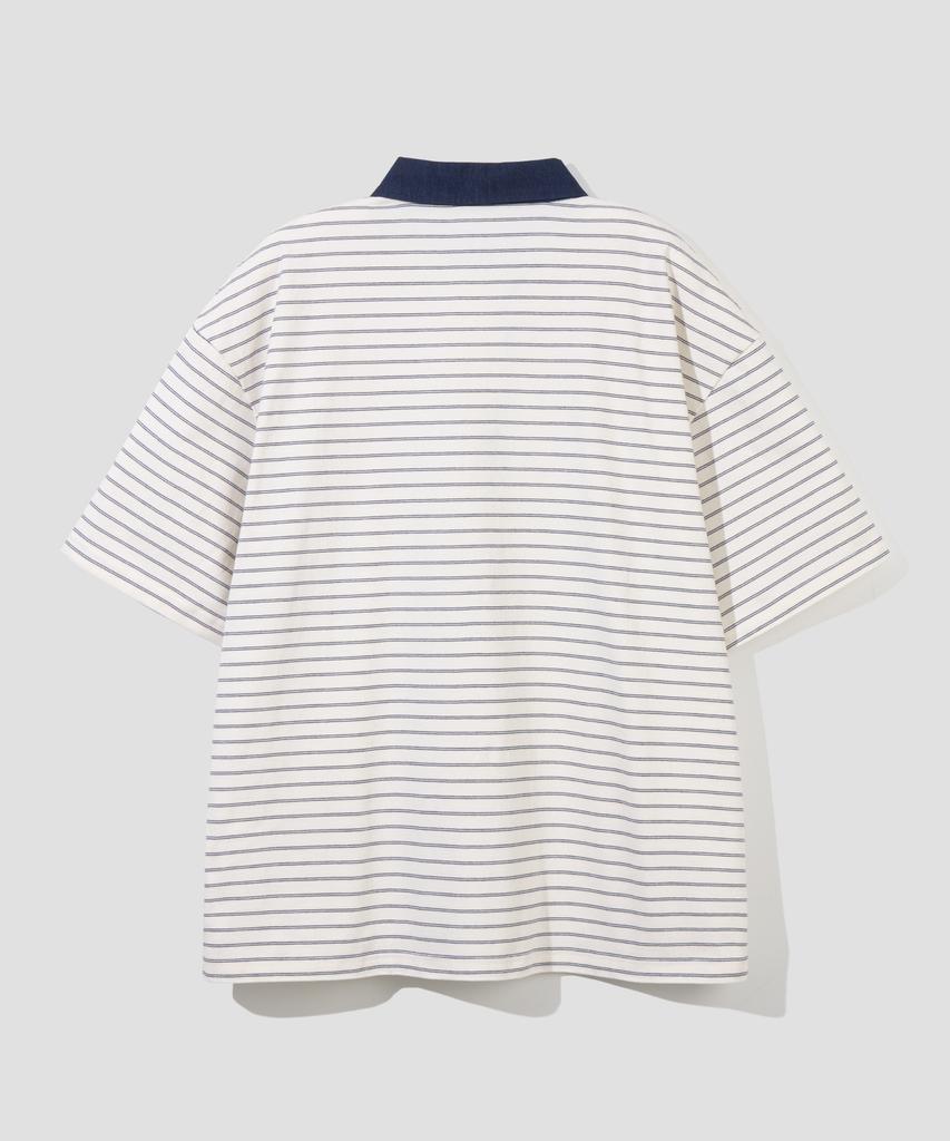 AGOD Contrast Denim Collar Stripe Half T-Shirt [Ivory]