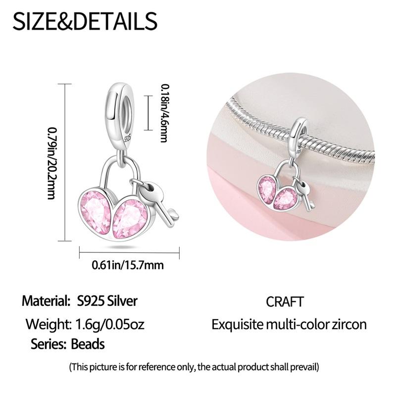 Original Copper Charms Luxury Pink Heart Pendant Lock Key Beads Fit Bracelet Diy Women Making Delicate Gift