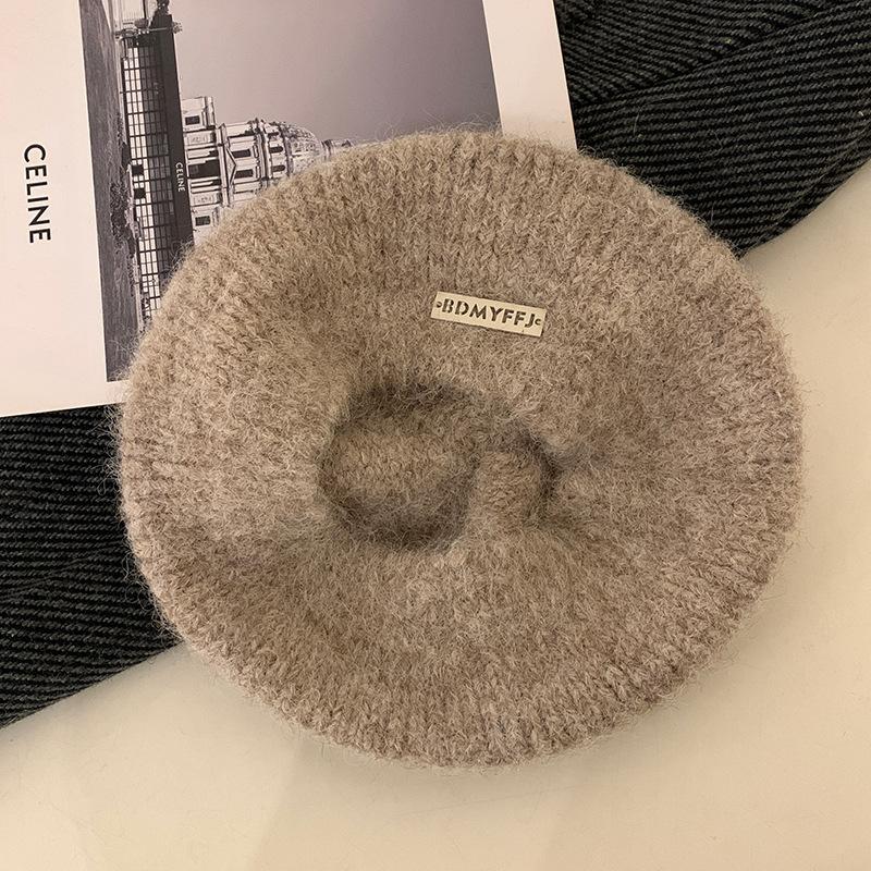 Mohair Gestrickte Baskenmütze Damen Neuer Winterstil Japanisch All Match Großer Kopfumfang Grau Wolle Malermütze
