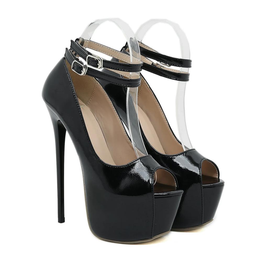 Fashion Design Double Buckle Strap Platform Sandals Women Pumps Sexy Peep Toe 16.5CM Super High Heels Stripper Shoes White