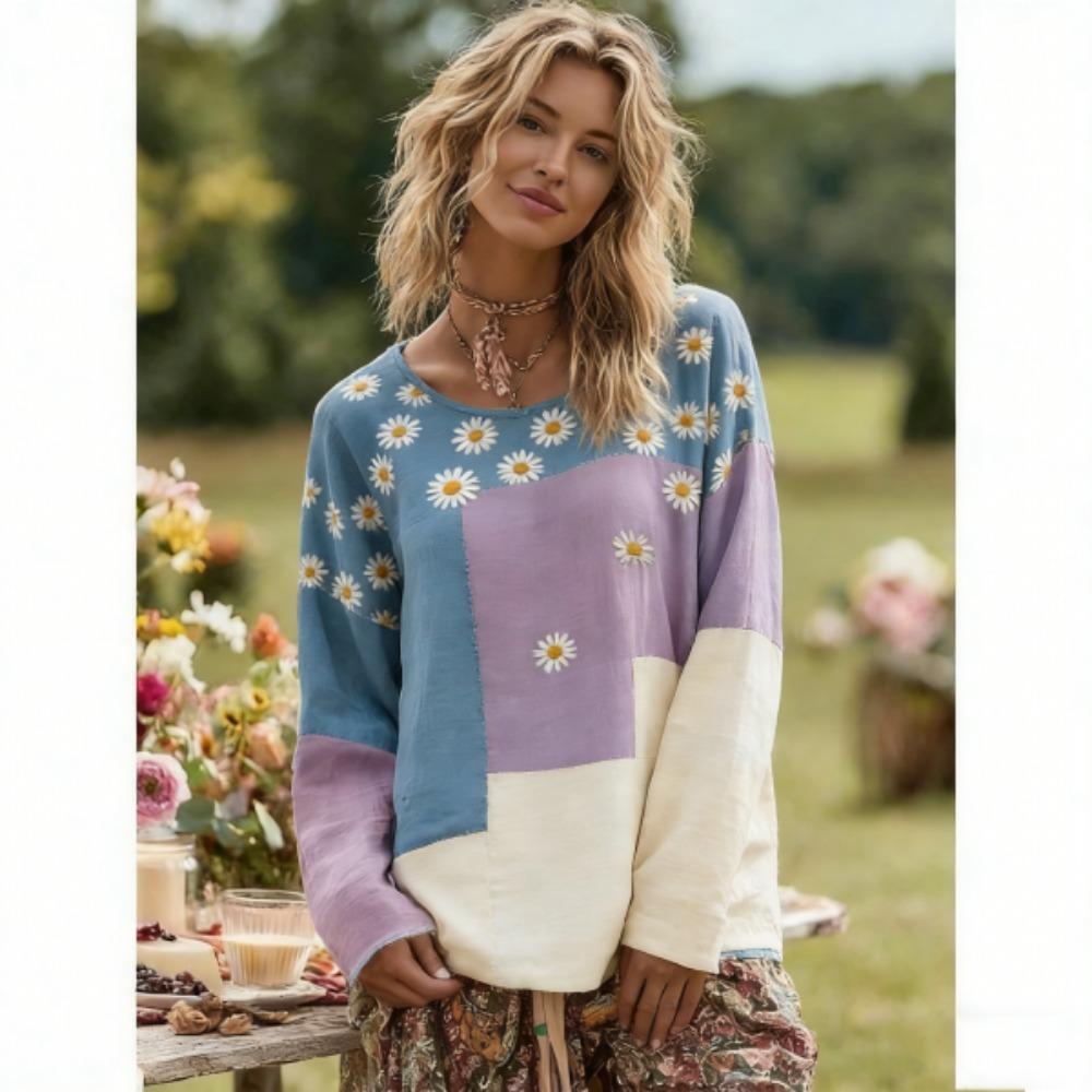 Europe America Fashion Splicing Colors Women's T-shirt Pullover Bohe Style Women Long Sleeve Clothing Outdoor Casual Tees Top