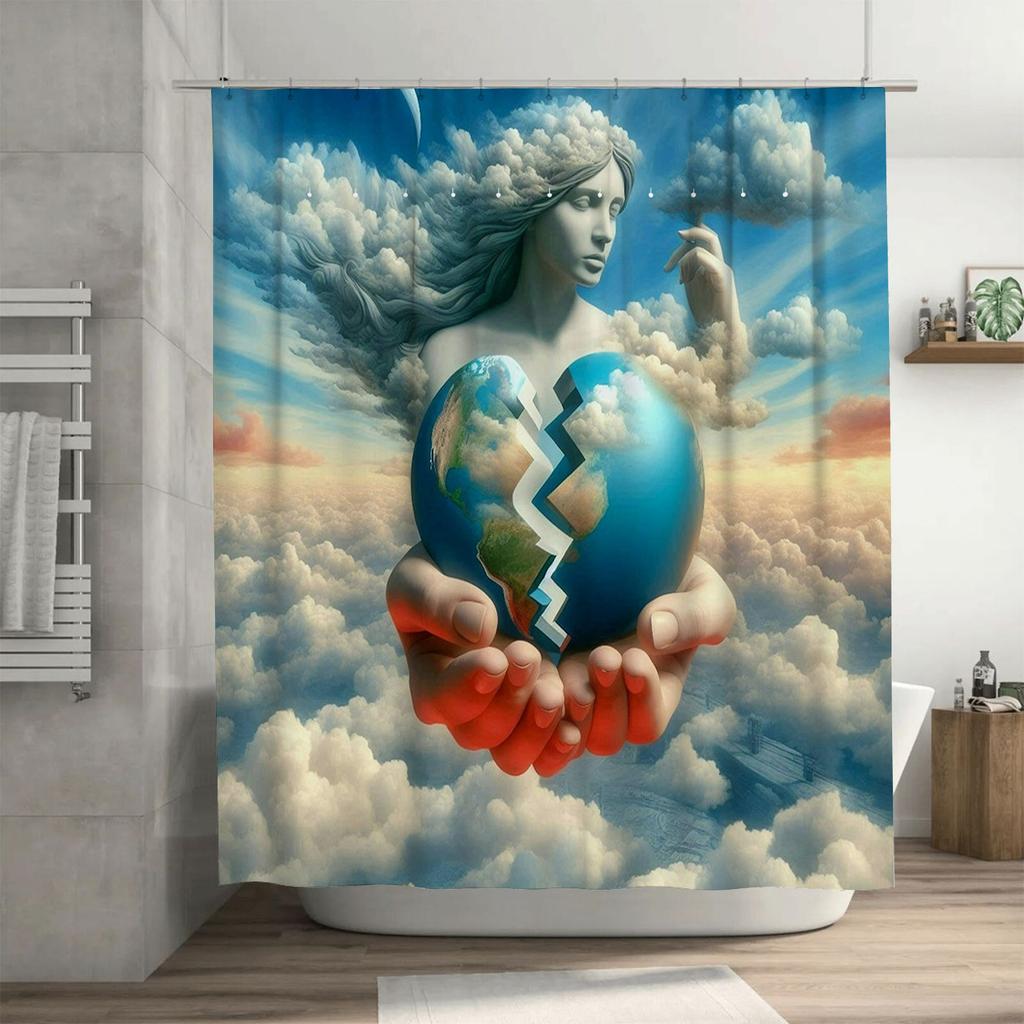 Surreal Woman with Clouds and Broken Earth Shower - Waterproof, Mildew-Resistant, Machine Washable for Unique Bathroom Decor