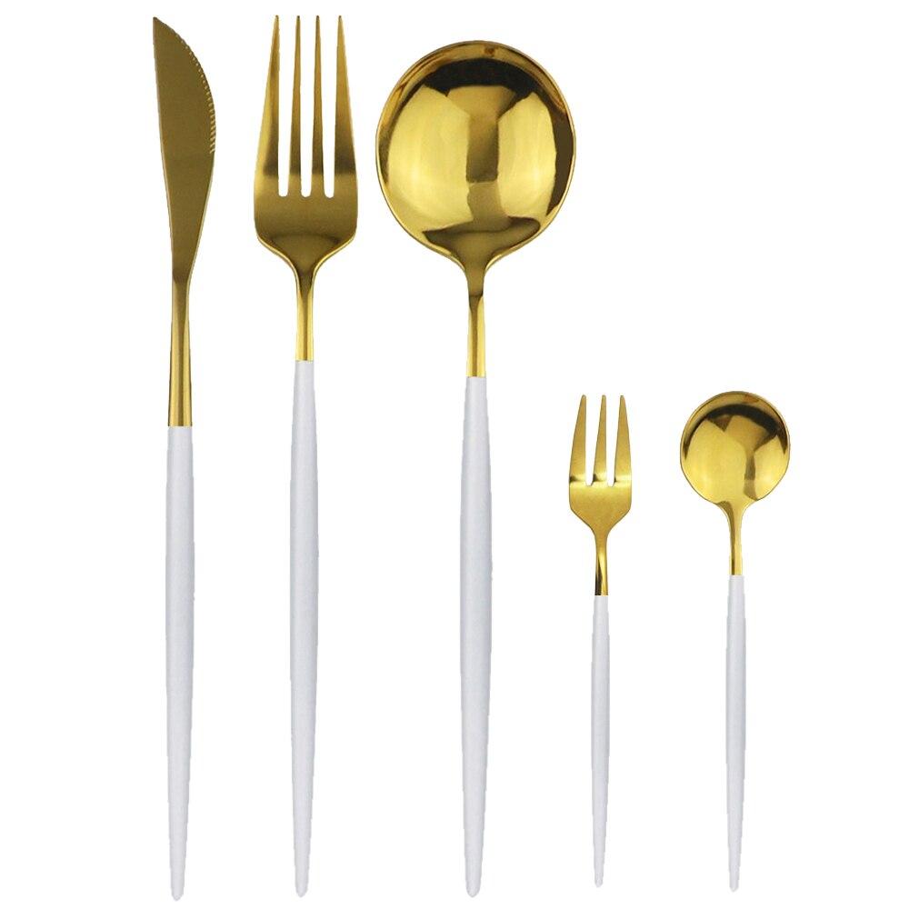 5Pcs Black Gold Dinnerware Set Knife Fork Spoon Flatware Set Stainless Steel Tableware Set Kitchen Cutlery Fruit Fork Silverware