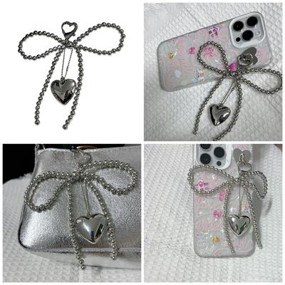 Pearls Beaded Phone Lanyard Heart Bowknot Pendant Wrist Strap Bows Phone Charm Keyring Jewelry Accessory for Women Girls