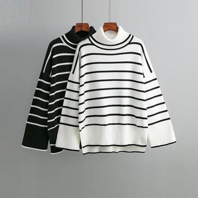 Women Autumn Winter Knitwear Pullover Contrast Stripe High Neck Long Sleeve Sweater
