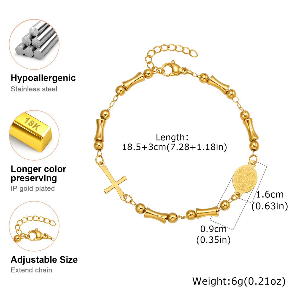 Vintage Rosary Bamboo Bead Chain Virgin Bracelet for Women,Stainless Steel Our Lady's Cross Bracelets,Charm Religious Jewelry