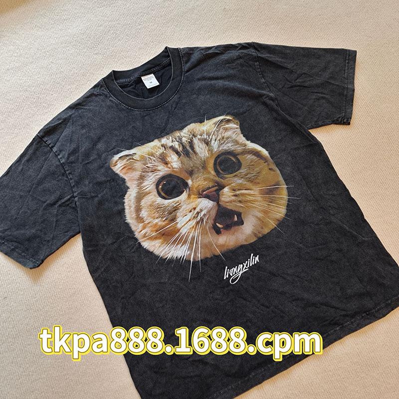 Summer T-Shirt Trendy Cat Printing Washing Water Pure Cotton Loose Casual Couple Short-Sleeved T-Shirt Men And Women Trendy