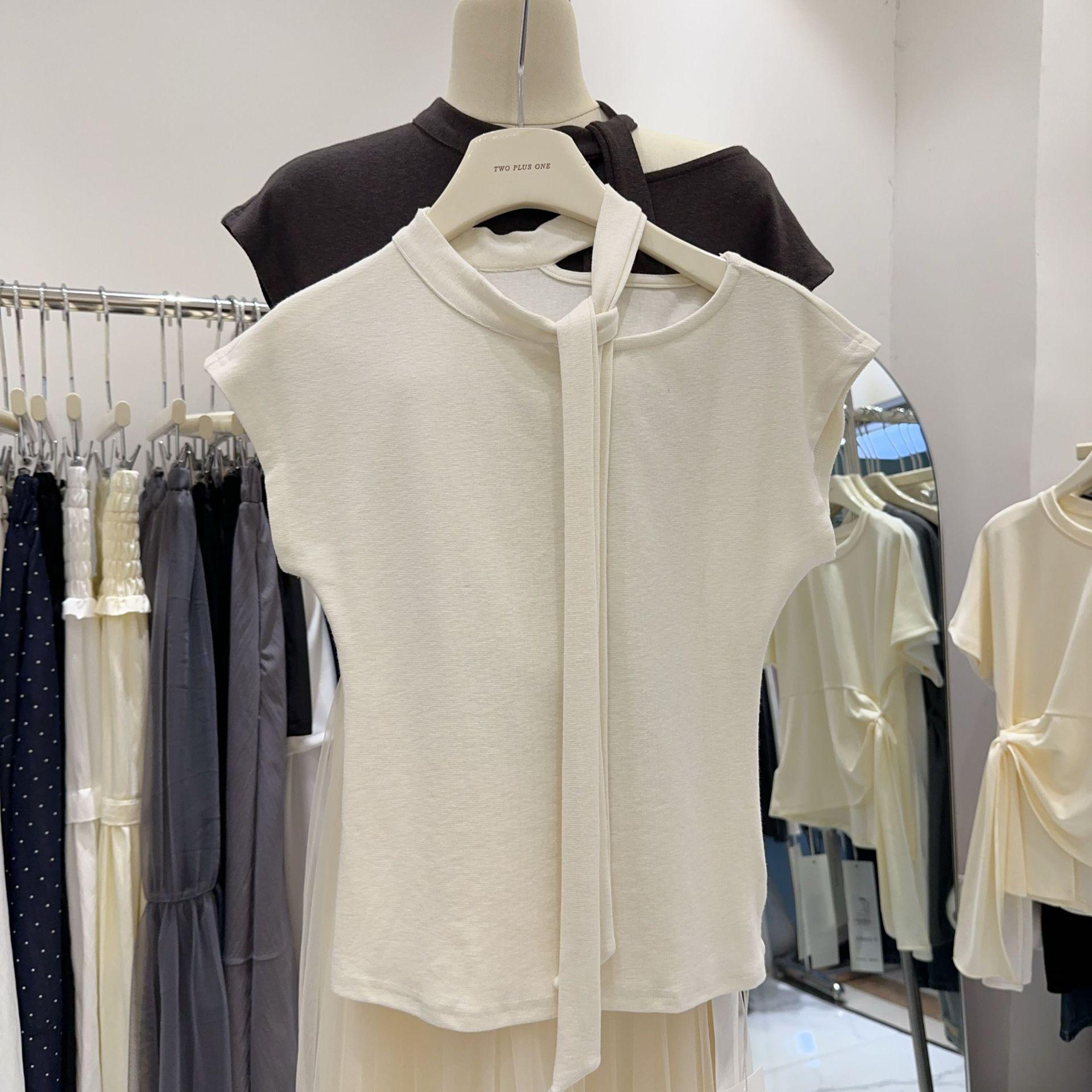 

Корейский облегающий пуловер с вырезами и короткими рукавами, футболка с лентой - женская летняя базовая футболка S белый