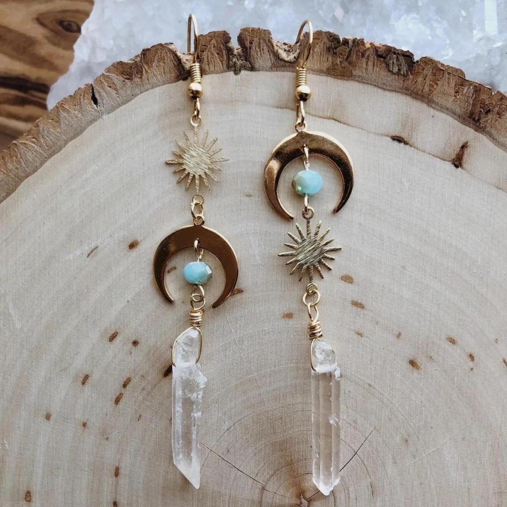 Boho Gold Color Sun Crescent Moon Irregular Transparent Quartz Crystal Column Dangle Earrings for Women Halloween Magic Jewelry