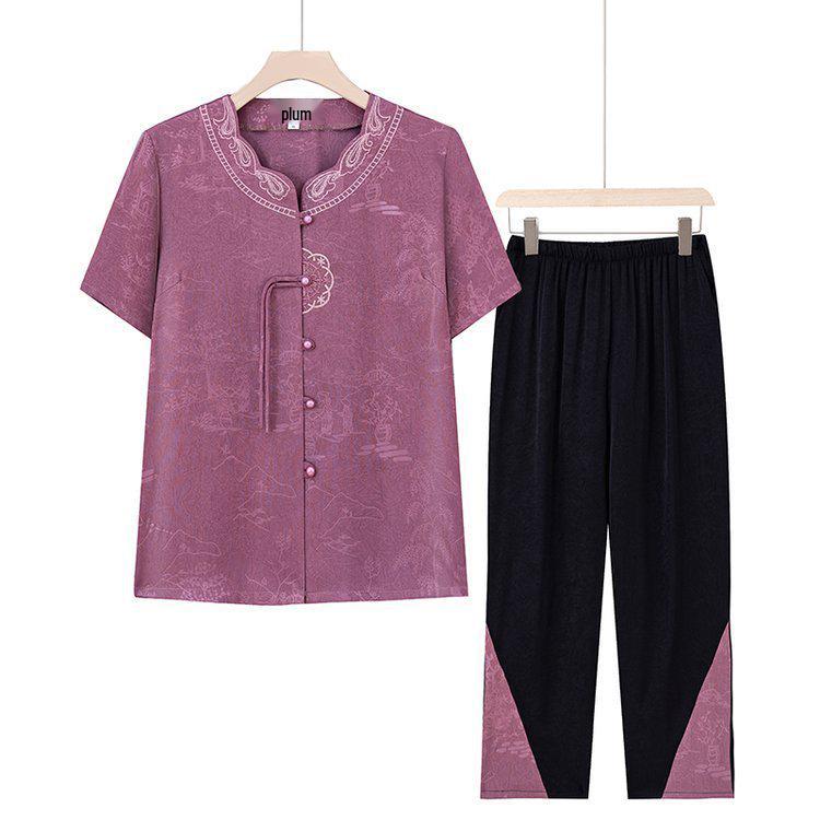 

Summer Outfit Set for Elderly Women: Ice Silk Short Sleeve T-shirt Reflecting 60s-80s Style 5XL (140-155 jin) фиолетовый