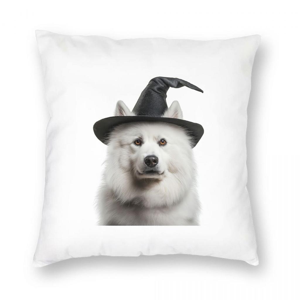 Samoyed Dog Wearing Halloween Witch Hat Square Pillowcase Pillow Cover Cushion Throw Pillow for Home Sofa Living Room