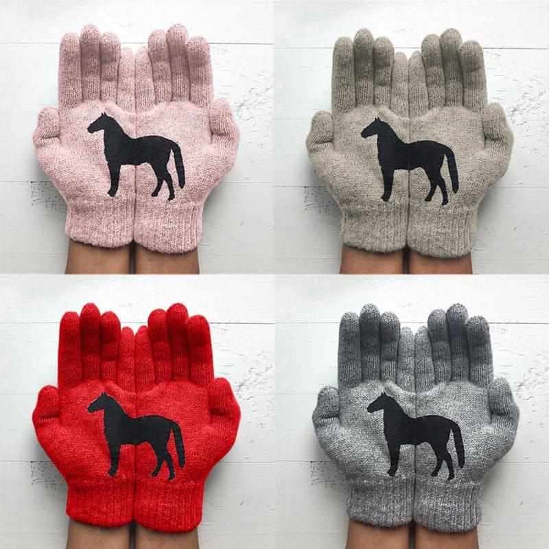 Women Full Finger Gloves Winter Cute Irregular Horse Stretchy Knitted Thermal Gloves Imitation Wool Short Hand Warmer