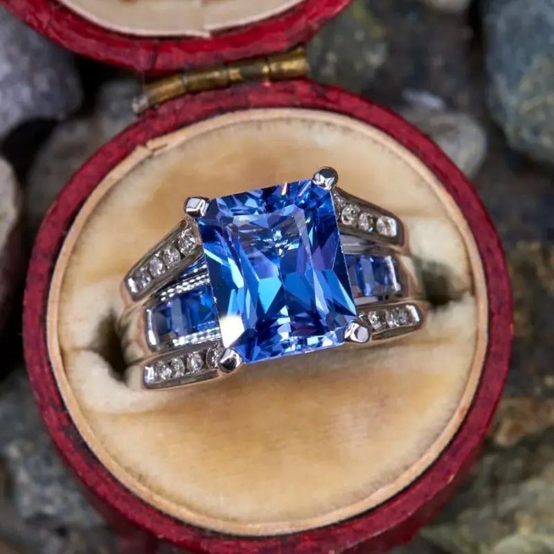 Fashionable Sparkling Square Blue Color Set Zircon Women's Ring, Bridal Wedding Jewelry, Banquet Party Accessories Gifts