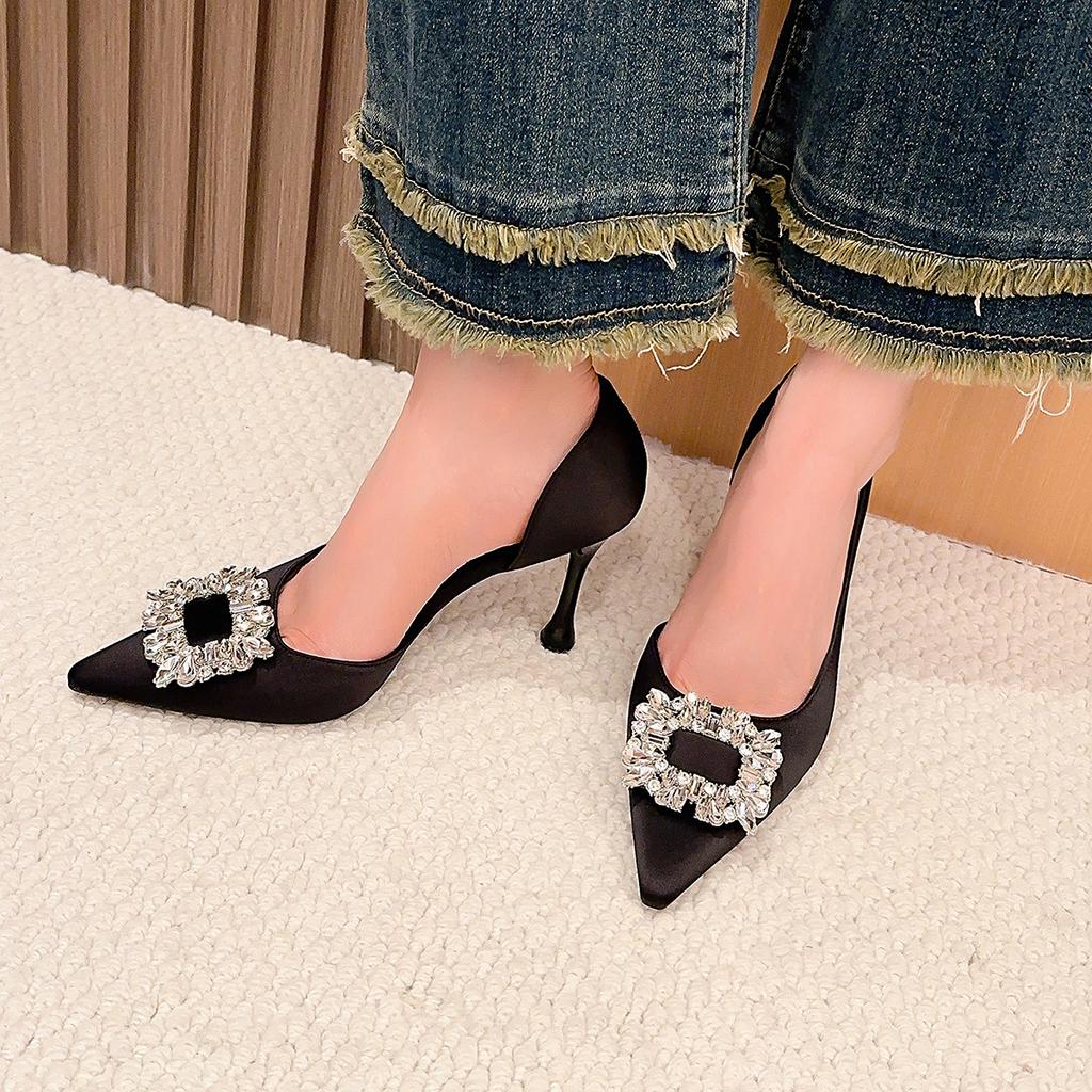 1366-3 Pure Desire Sexy High Heels Women Pointed 2025 Versatile Rhinestone Square Buckle Shallow Mouth Temperament Thin Heel Single Shoes Women