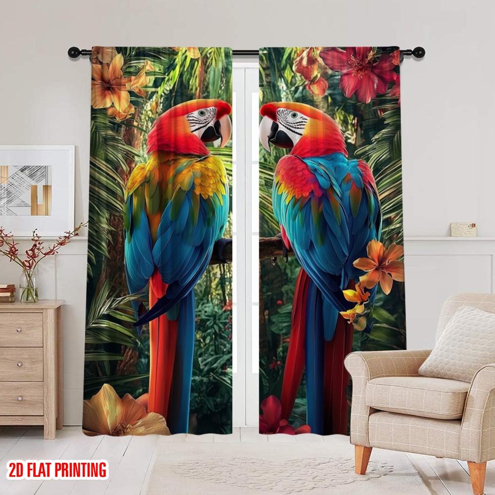 2pcs,2D Plane Printing Popular Curtain Panels Tropical Parrots(2) 100% Polyester (without Rod) Festive for Living Room, Bedroom,