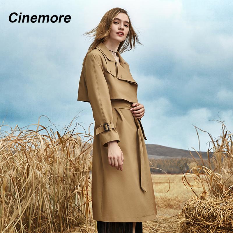 Cinemore Trench Coat for Women Long Windbreaker Jacket Casual Solid Loose Windproof Overcoat Lapel Belted Fashion Chic Lady Coat