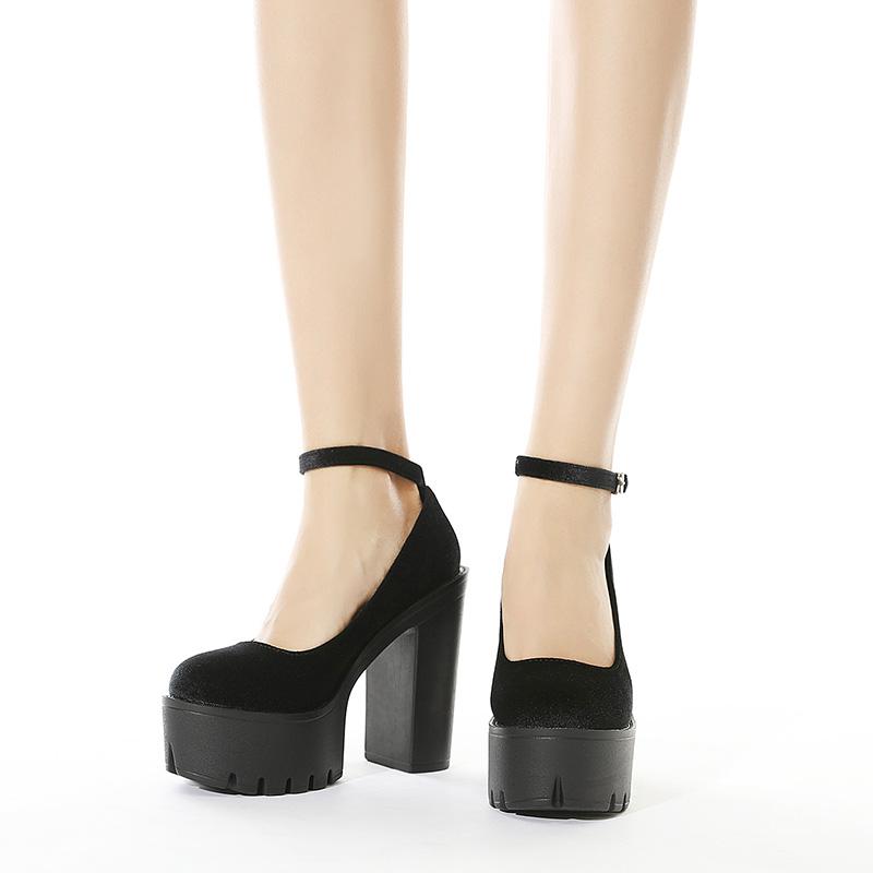 Primavera otoño zapatos de plataforma sexis para mujer zapatos de tacón alto grueso zapatos de plataforma de gamuza con suela de goma negra para mujer