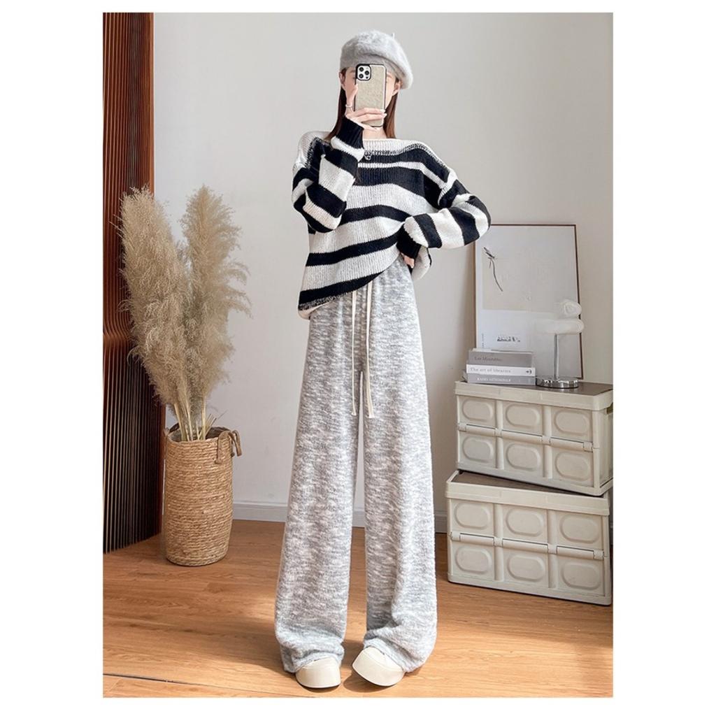 Dámské kalhoty s širokými nohavicemi s duhovými puntíky na podzim a zimu, kalhoty z lepkavé rýže s vysokým pasem a splývavým efektem, ležérní rovné trubkové silné vlněné kalhoty