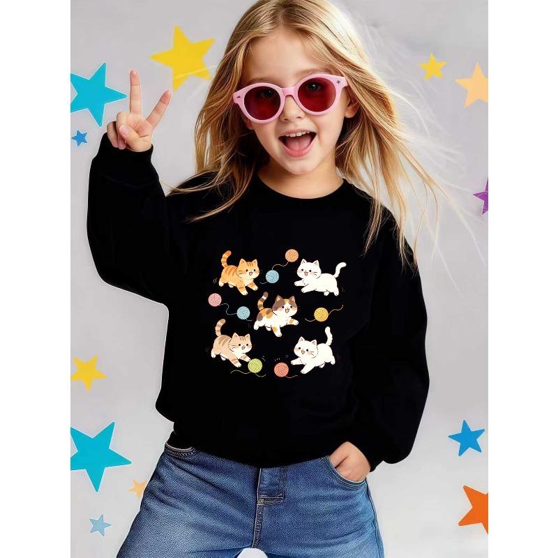 Spring/Autumn Casual Round Neck Sweatshirt Pullover Thin Girls' Long Sleeve, Full Coverage Multicolor Yarn Balls Happy Kitten Cute Pattern Print