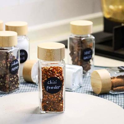 Leeseph Glass Spice Jars, 4oz Empty Square Spice Bottles with Bamboo Wood Lid & Shaker Lids for Spice Rack, Drawer, Cabinet