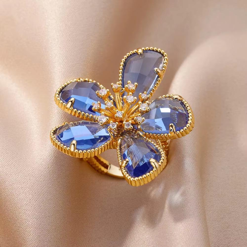 Crystal zircon flower geometric ring, retro adjustable open ring, light luxury, high-end explosive product