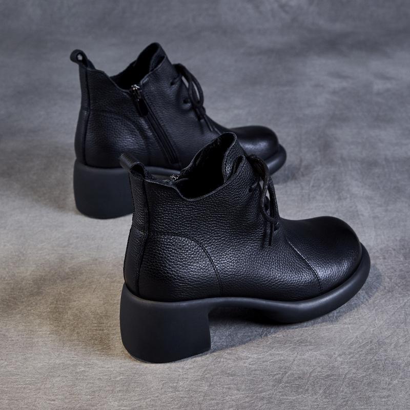 Cowhide Handmade Retro Medium Heel Short Women's Autumn New Lace-up Mother Leather Shoes Genuine Leather Martin Single