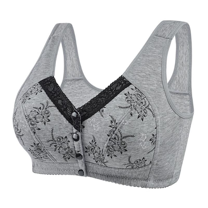 Grey Floral Print Front Closure Wireless Bra for Plus Size