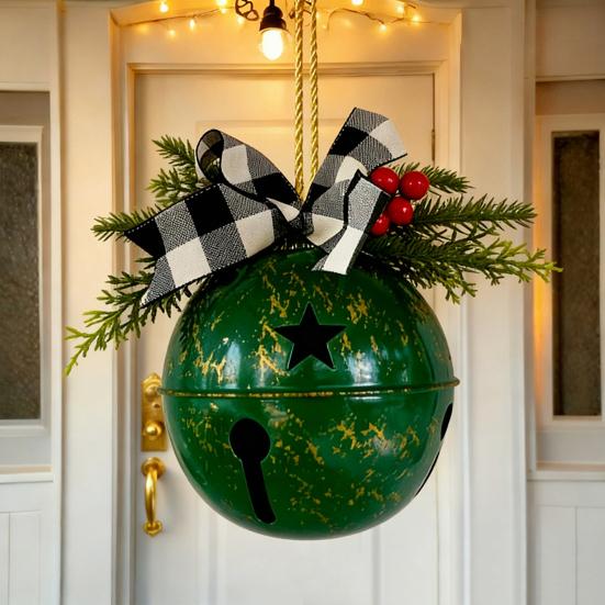 Christmas Bells Ornament Rustic Christmas Jingle Bell with Pine Needles Red Berries Plaid Bow Metal Sleigh Bell Farmhouse Xmas Tree Hanging Decor