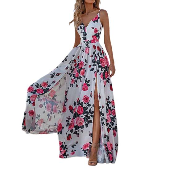 Vestido de Senhora Decote em V Cintura Ajustada Bainha Fendida Estampa Floral Sem Mangas Alça Vestido de Férias de Praia Roupa Feminina