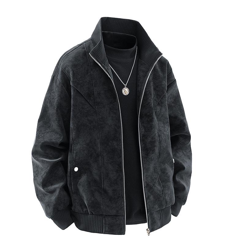Men's Spring/Autumn Plus Size PU Leather & Corduroy Jacket - Trendy Lapel, Loose Fit, Hong Kong Style