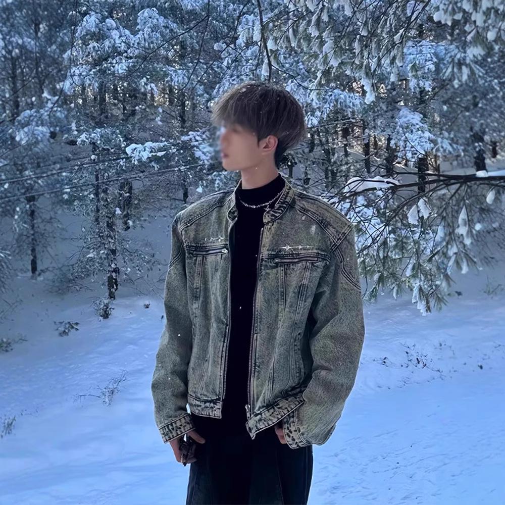 

Men s High-End Rebellious Denim Jacket - Trendy Stand-Up Collar by American Brand M синій