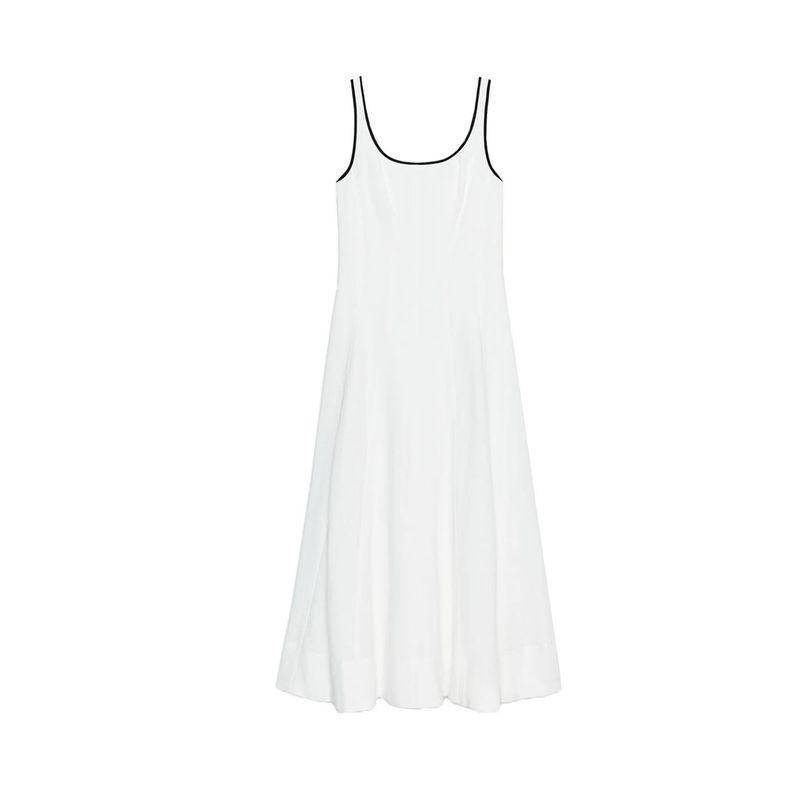 Autumn New Women Clothes Sling Contrast Color Trim Linen Blend Midi Dress 8214393 8214386