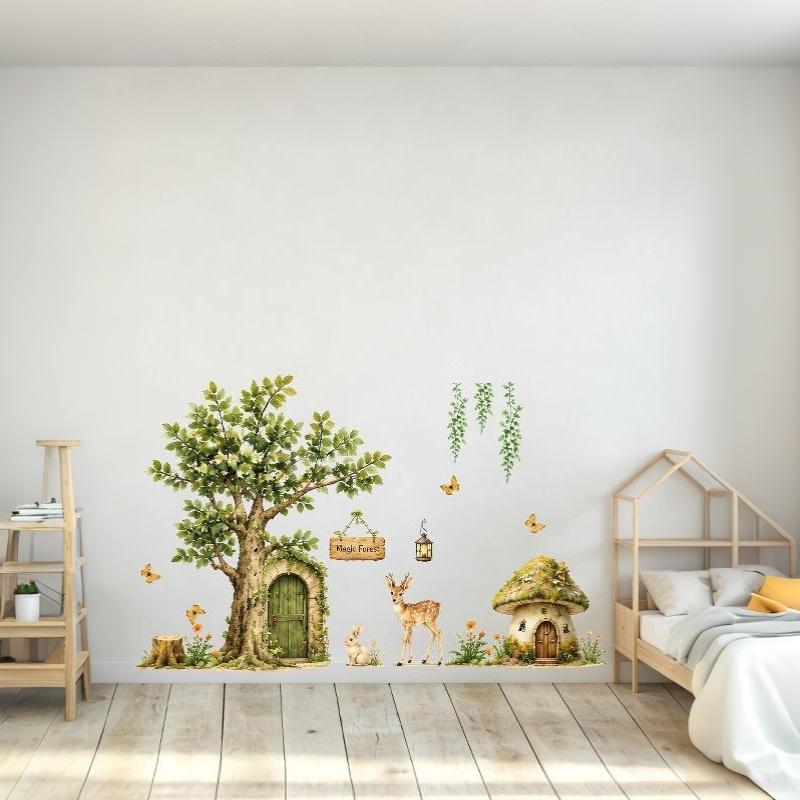2Pcs Magic Forest Themed Wall Decal With Deer Rabbit Mushroom Designs Easy Peel And Stick For Kids Bedroom Nursery Decor