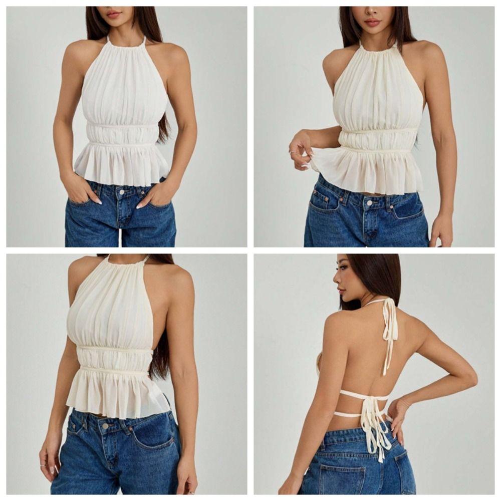 Sleeveless Chiffon Vest Tops Halter Women's Crop Top Fashion Lace-up Camisole  Beach