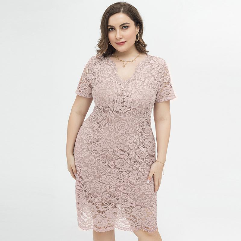 Rochie de damă, mărime mare, cu ajustare relaxată, dantelă florală, cu decolteu în V, mânecă scurtă, midi, pentru petrecere, haine de zi cu zi, birou, ținute de ocazie XL-4XL