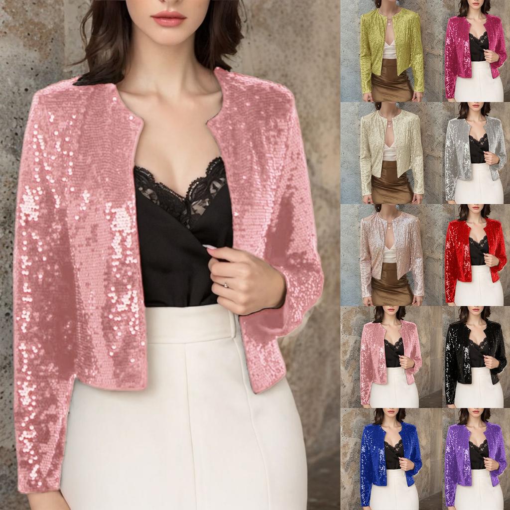 Women’s Crew Neck Long Sleeve Open Front Cardigan Casual Versatile Sequin Jacket Outerwear for Daily Wear