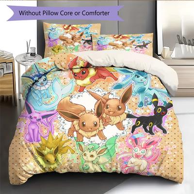 Lenjerie de pat cu model Eevee Decorațiuni pentru casă Cadou de ziua de naștere (1 * husă de pilotă + 2 * fețe de pernă, fără miez)
