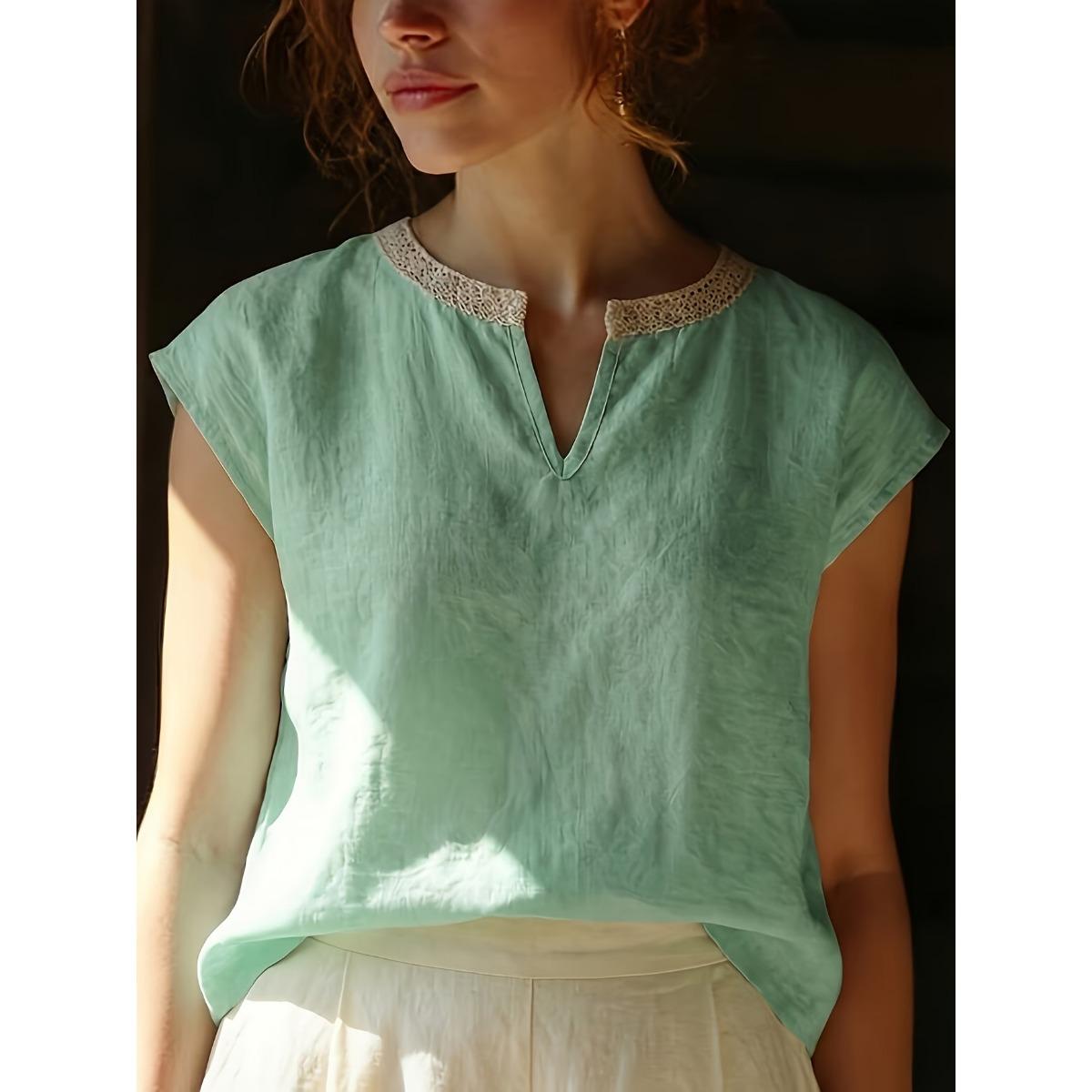 

Spring Summer Women s Fashion Sheer Round Neck Short Sleeve Top with Lace Trim, European & American Style Crossborder Women s Clothing S светло-зеленый