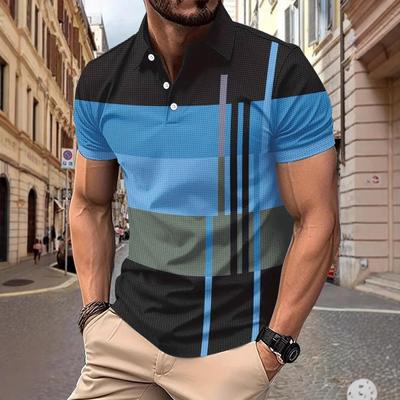 Camisa Polo Masculina de Verão Casual Diária Listrada Estampada com Lapela Manga Curta