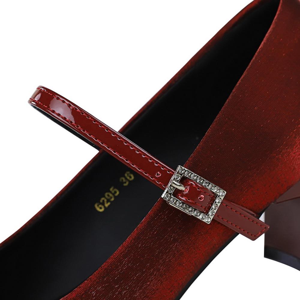 Thick Heel Medium Heel Single Shoes Women's Rhinestone Bow Versatile Satin One-word Buckle Strap Square Head Mary Jane Shoes