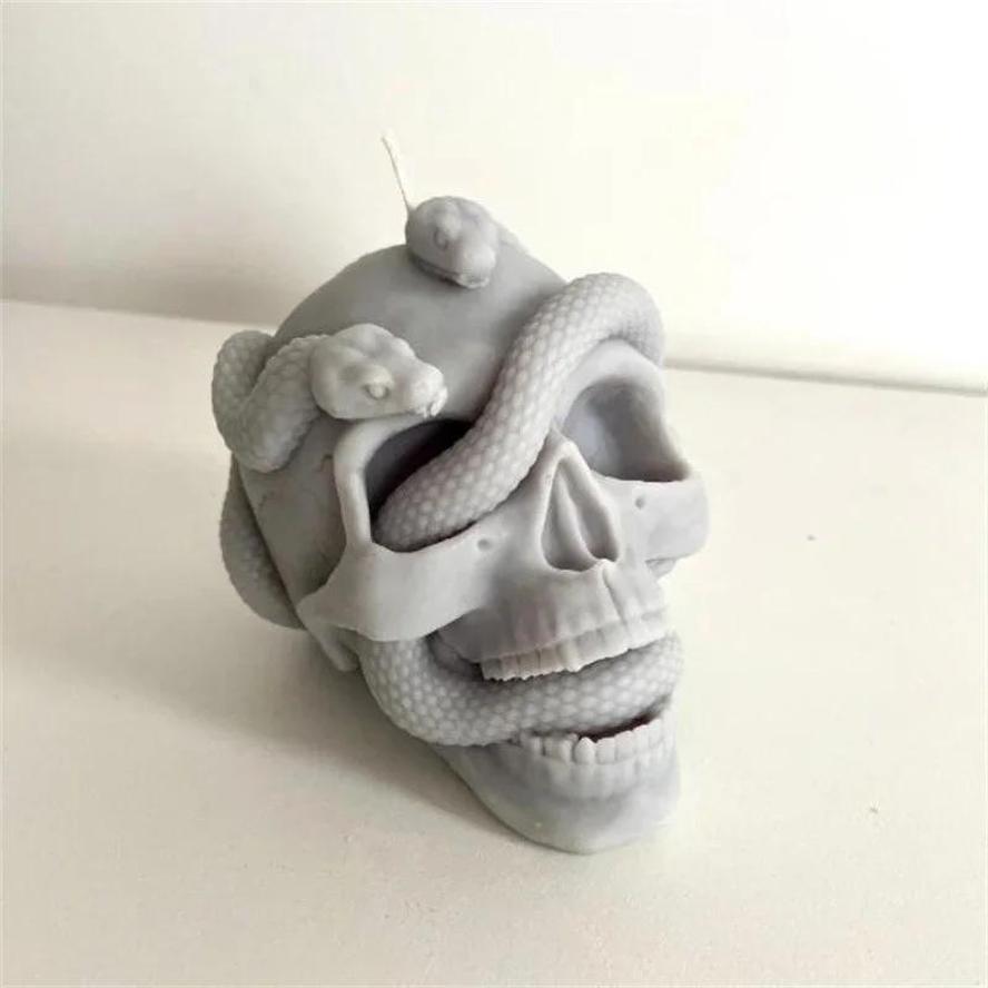 1 Pcs Skull Snake Head DIY Epoxy Resin Mold Double Snake Silicone Molds Halloween Haunted Horror House Desk Decor Candle Mold