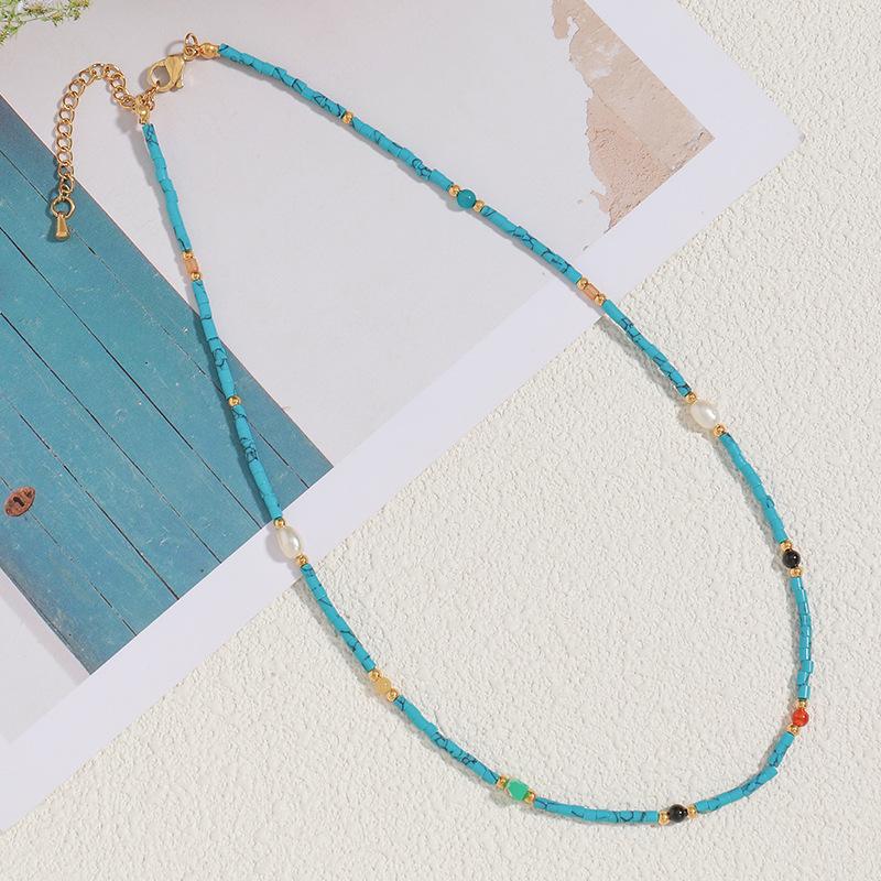 European and American retro natural blue apatite handmade beaded titanium steel necklace pendant natural turquoise collarbone chain