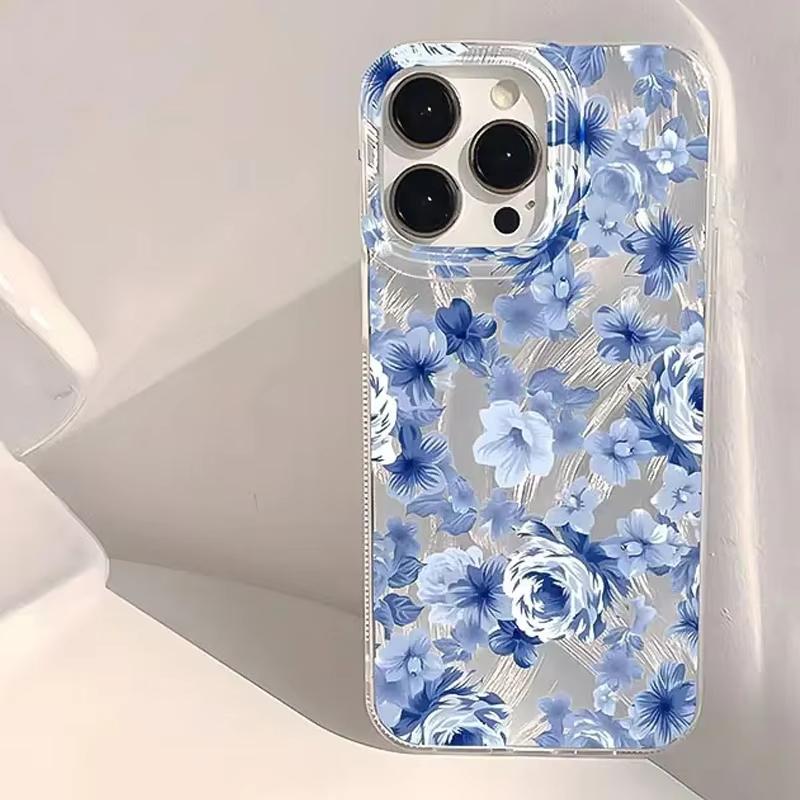 Fashionable Sparkling Blue Floral Pattern Phone Case for iPhone 16 16E 15 14 13 12 11 Pro Max 7 8 14 15 Plus X XR XS SE2 Cover